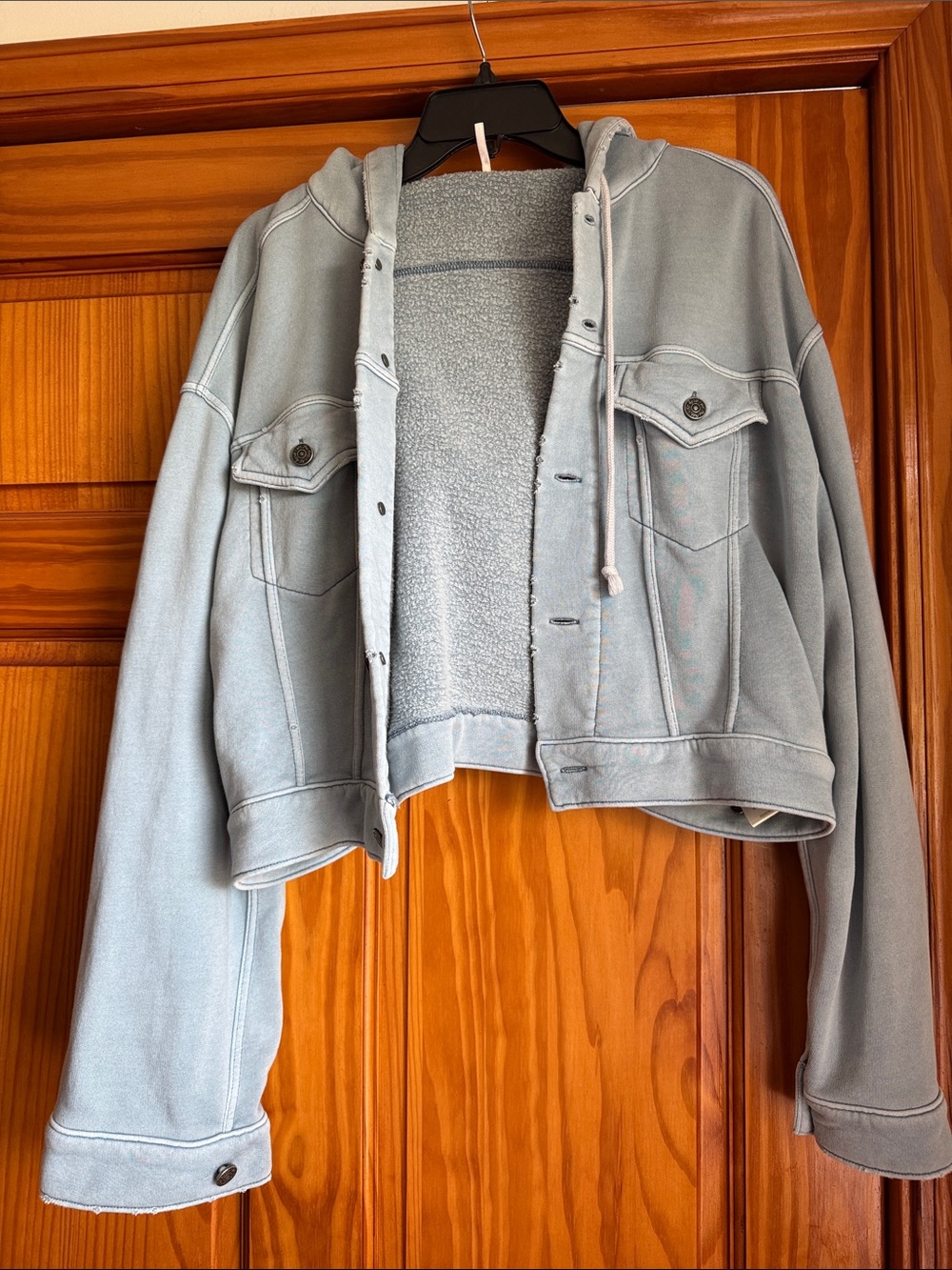 Free People Women’s S Light Blue Cropped Distressed Hooded Sweat Jacket
